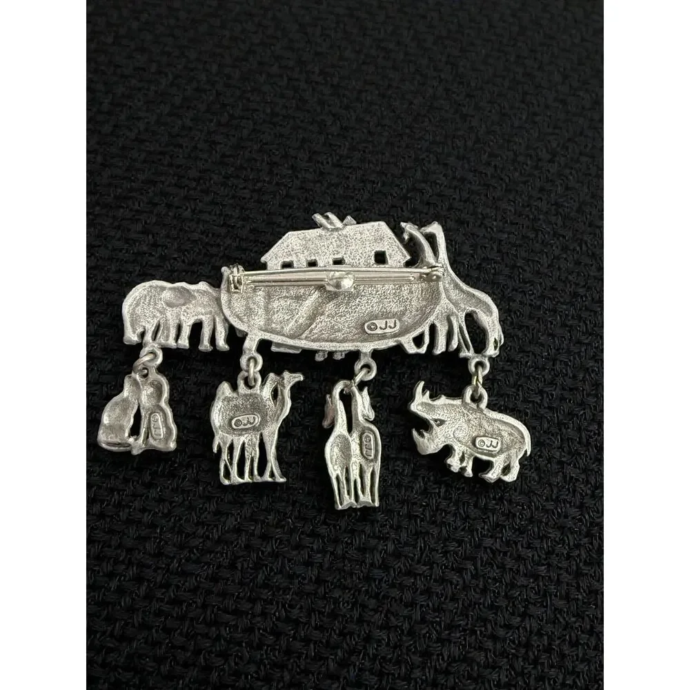 Vintage JJ Jonette Noah’s Ark Pewter Brooch Pin w Dangle Animals